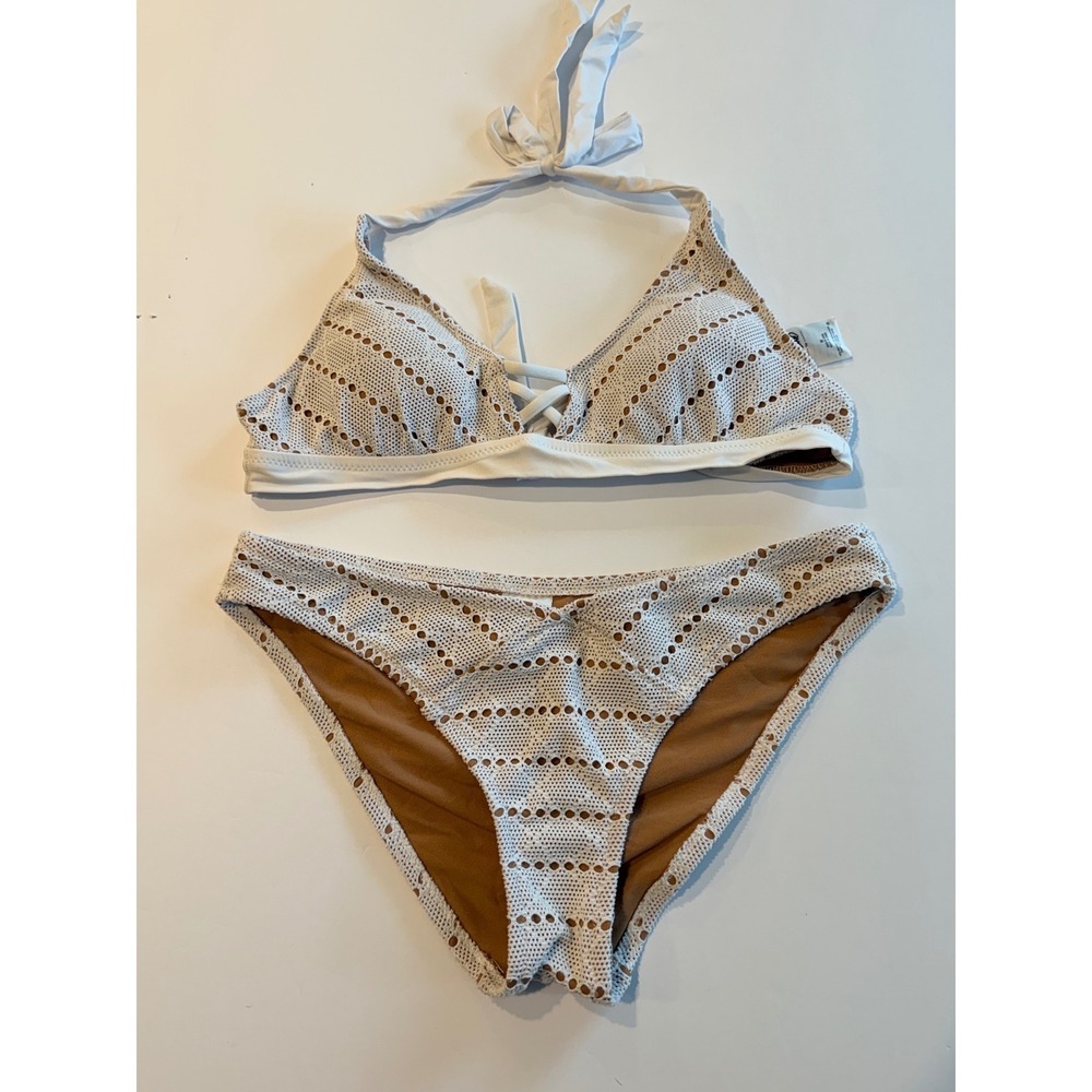 Mossimo Womens White Eyelet Crochet Bikini‎ Set Tan Lining Lace Up Halter Medium